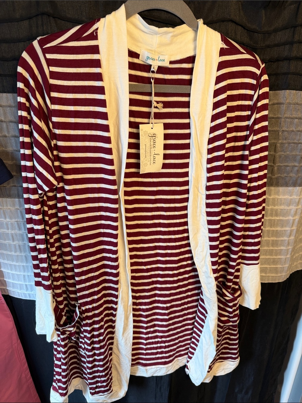 Grace & Lace Burgundy and Cream Striped Open Front Cardigan